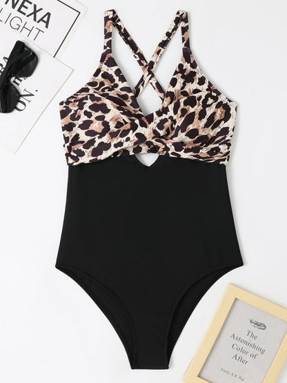 Swimwear- Add Flair to Your Beach Look with the Chic Cheetah Color Block Swimsuit- - Pekosa Women Clothing