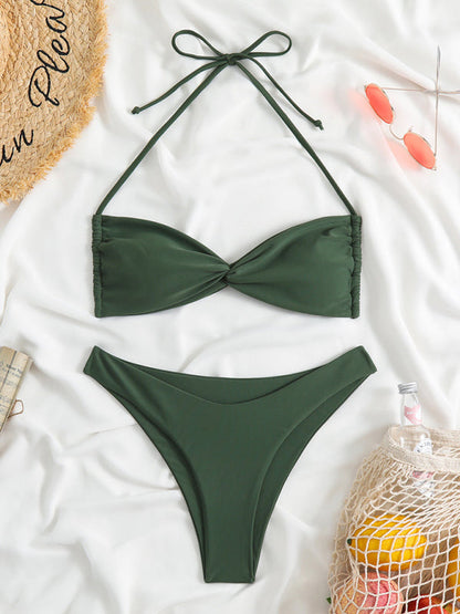 Maillot de bain 2 pièces bandeau uni avec soutien-gorge dos nu torsadé et bikini