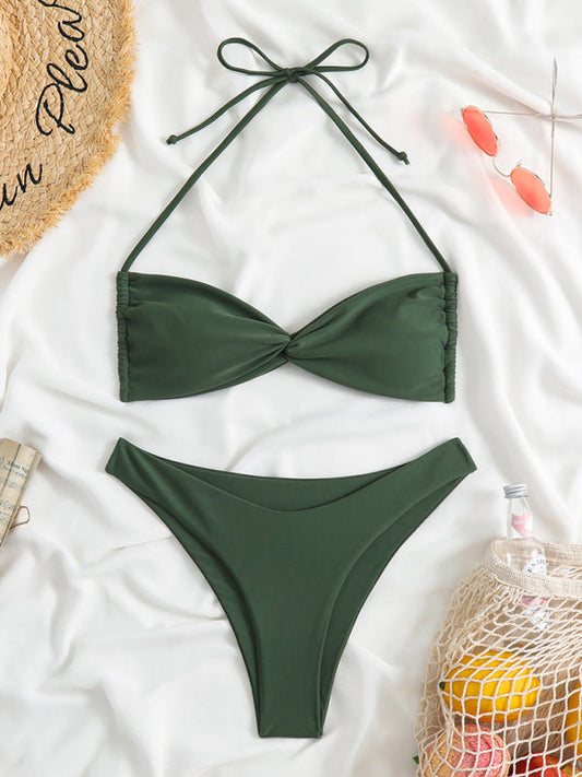 Maillot de bain 2 pièces bandeau uni avec soutien-gorge dos nu torsadé et bikini