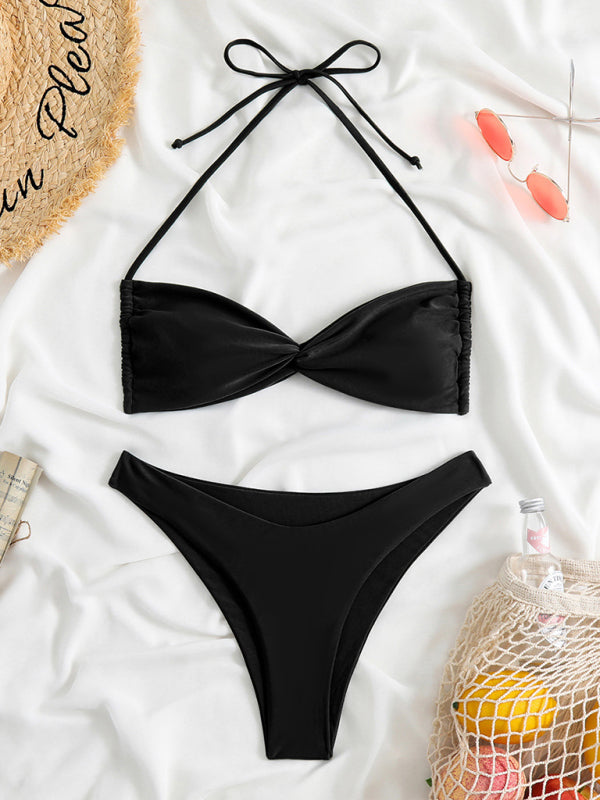 Maillot de bain 2 pièces bandeau uni avec soutien-gorge dos nu torsadé et bikini