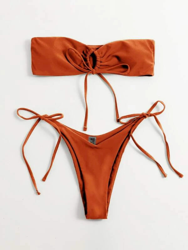 Swimwear- Bandeau Wireless Bra & Tie-Side String Thong 2-Piece Bikini Set- Orange- Pekosa Women Clothing