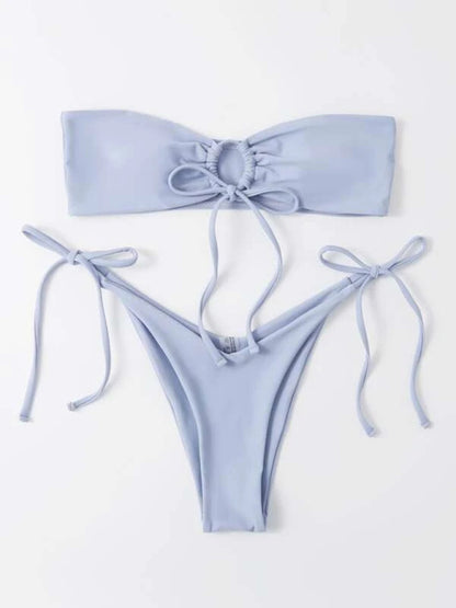 Swimwear- Bandeau Wireless Bra & Tie-Side String Thong 2-Piece Bikini Set- Grey- Pekosa Women Clothing