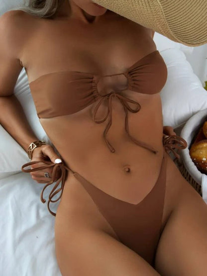 Swimwear- Bandeau Wireless Bra & Tie-Side String Thong 2-Piece Bikini Set- Coffee- Pekosa Women Clothing