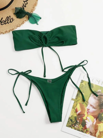 Swimwear- Bandeau Wireless Bra & Tie-Side String Thong 2-Piece Bikini Set- - Pekosa Women Clothing