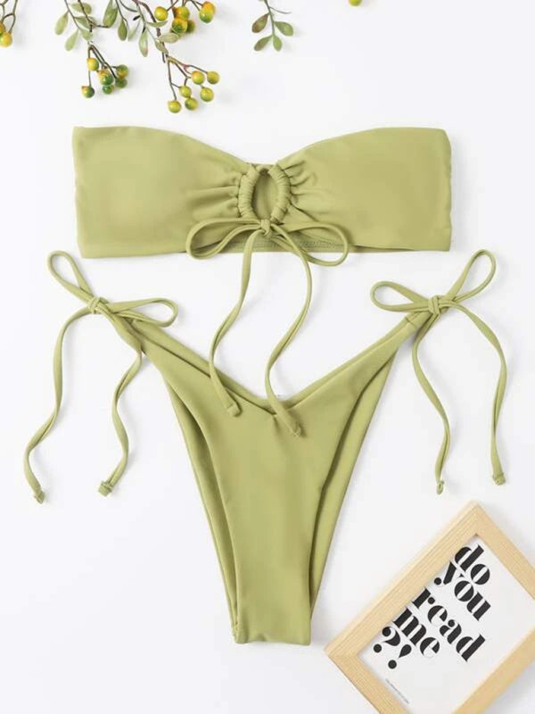 Swimwear- Bandeau Wireless Bra & Tie-Side String Thong 2-Piece Bikini Set- Pale green- Pekosa Women Clothing