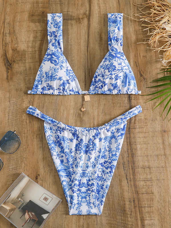 Swimwear- Blue Print 2 Piece Swimwear | Wireless Triangle Bra & Bikini- - Pekosa Women Clothing