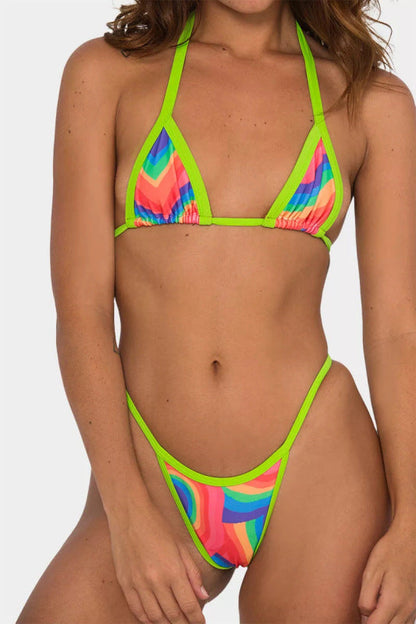 Swimwear- Brazilian Cutout 2-Piece Bikini Set: Wireless Triangle Bra + Mid Waist Thong- Lemon Green- Pekosa Women Clothing