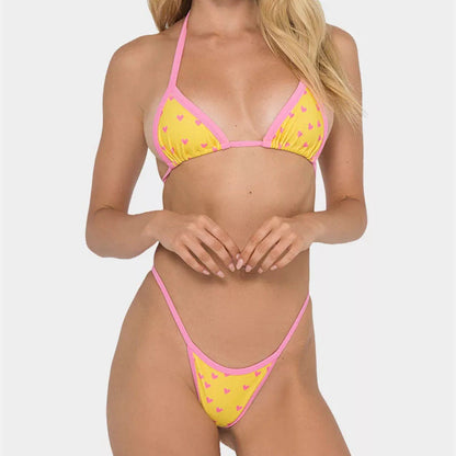 Swimwear- Brazilian Cutout 2-Piece Bikini Set: Wireless Triangle Bra + Mid Waist Thong- Pink- Pekosa Women Clothing