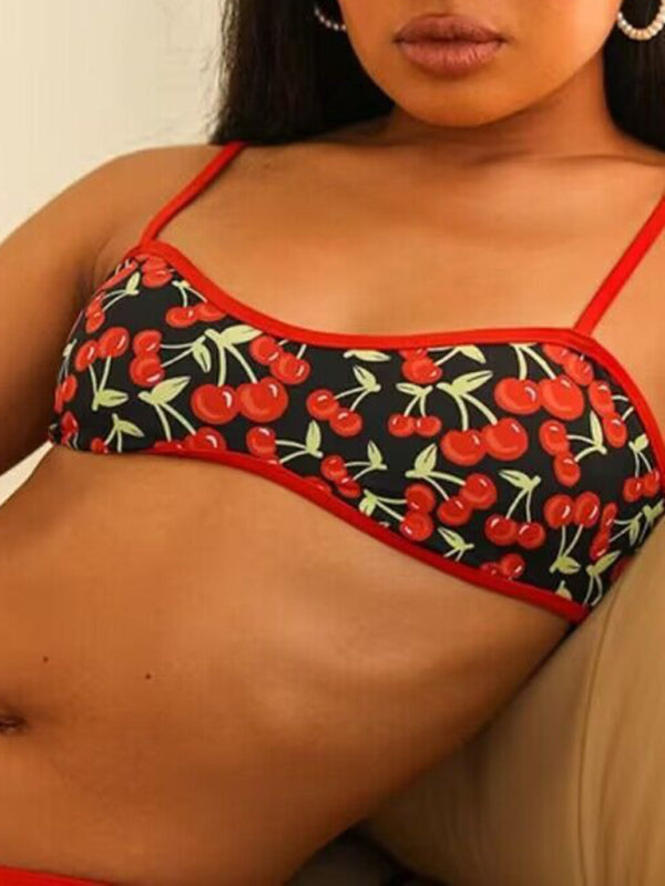 Swimwear- Cherry Print 2-Piece Bikini Swimwear - Top and Low Waist Bottoms- - Pekosa Women Clothing