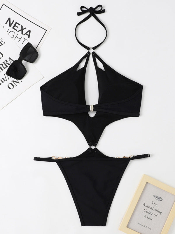 Swimwear- Chic Confidence: Halter Neck One Piece - Wireless Bra, Cutout Bust- - Pekosa Women Clothing