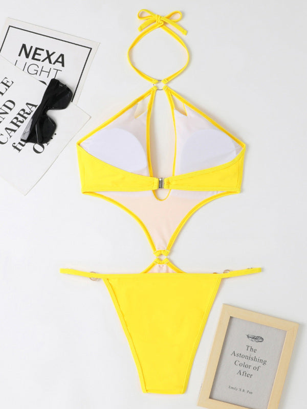 Swimwear- Chic Confidence: Halter Neck One Piece - Wireless Bra, Cutout Bust- - Pekosa Women Clothing