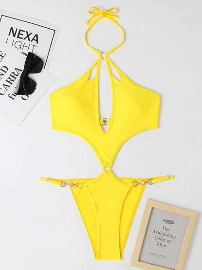 Swimwear- Chic Confidence: Halter Neck One Piece - Wireless Bra, Cutout Bust- - Pekosa Women Clothing