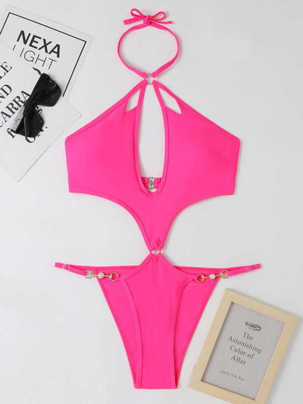 Swimwear- Chic Confidence: Halter Neck One Piece - Wireless Bra, Cutout Bust- - Pekosa Women Clothing