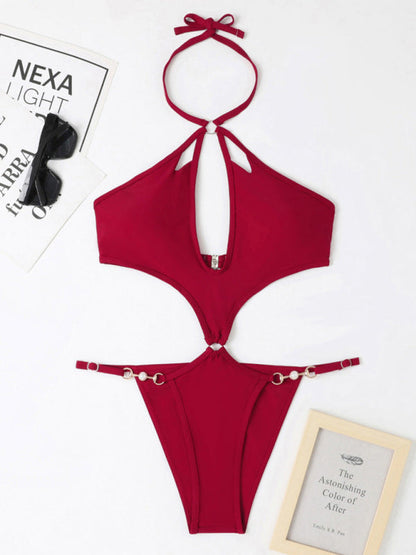 Swimwear- Chic Confidence: Halter Neck One Piece - Wireless Bra, Cutout Bust- - Pekosa Women Clothing