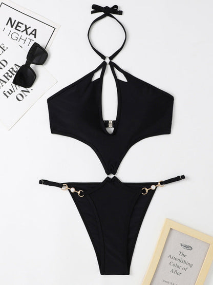 Swimwear- Chic Confidence: Halter Neck One Piece - Wireless Bra, Cutout Bust- - Pekosa Women Clothing