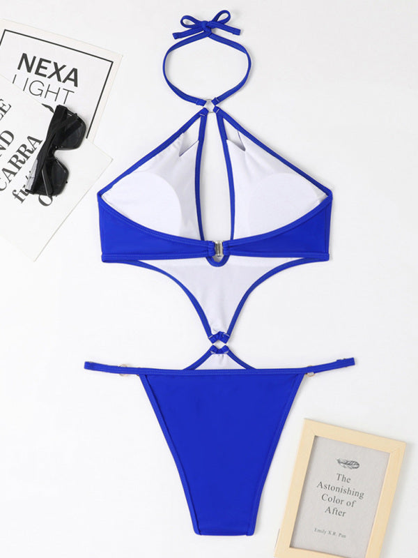 Swimwear- Chic Confidence: Halter Neck One Piece - Wireless Bra, Cutout Bust- - Pekosa Women Clothing