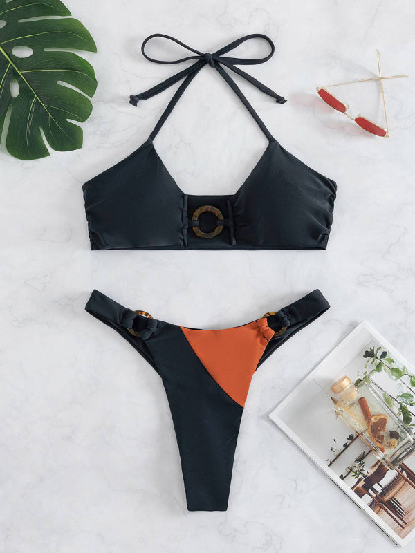 Swimwear- Color Block Wireless Brazilian Halter 2-Piece Bikini Set- - Pekosa Women Clothing