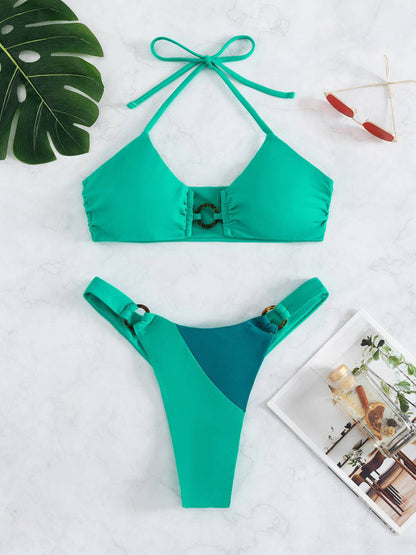 Swimwear- Color Block Wireless Brazilian Halter 2-Piece Bikini Set- - Pekosa Women Clothing