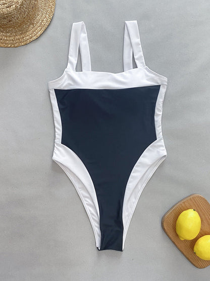 Swimwear- Elegant Contrast Binding One-Piece Swimwear | Square Neck Monokini- - Pekosa Women Clothing