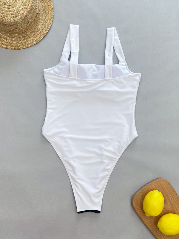 Swimwear- Elegant Contrast Binding One-Piece Swimwear | Square Neck Monokini- - Pekosa Women Clothing