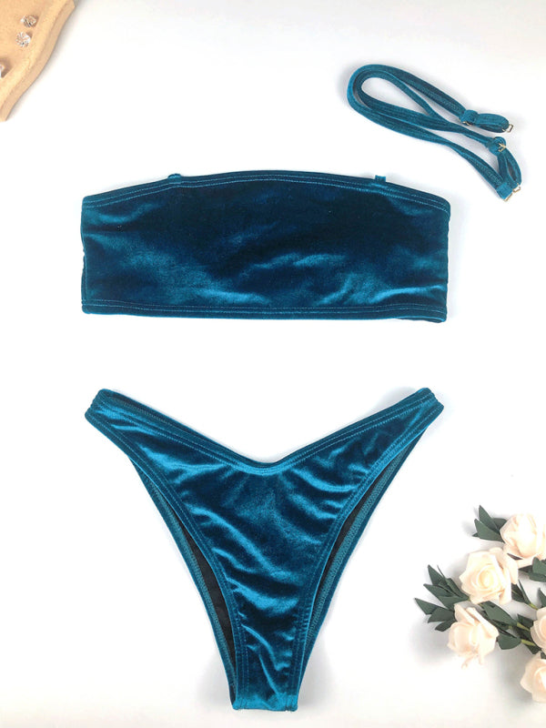 Swimwear- Elegant Velvet Bandeau Bikini 2-Piece with Thong Swim Bottoms- - Pekosa Women Clothing