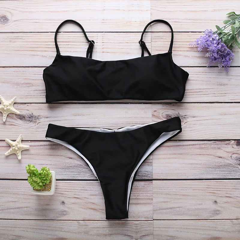 Swimwear- Essential 2 Piece Solid Swimwear Set - Wireless Sport Top & Bikini Bottoms- Black- Pekosa Women Clothing