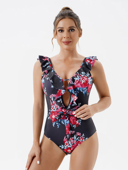 Swimwear- Floral One-Piece Cutout Backless Swimwear with Ruffle Accents- - Pekosa Women Clothing