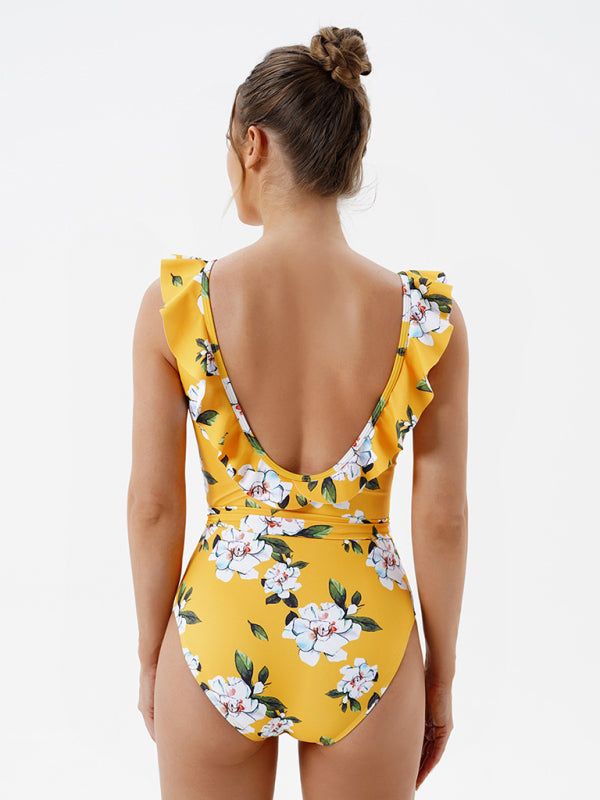 Swimwear- Floral One-Piece Cutout Backless Swimwear with Ruffle Accents- - Pekosa Women Clothing