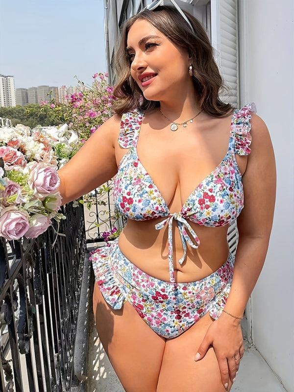 Swimwear- Floral Plus Size Curvy 2-Piece Swim Set - Triangle Bra & Frilly Bikini- - Pekosa Women Fashion