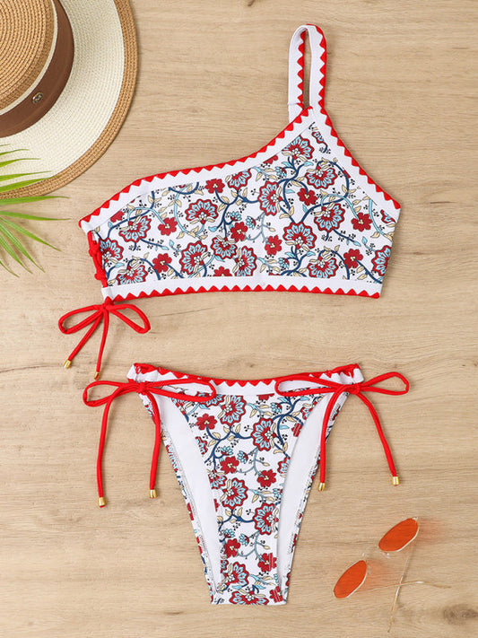 Swimwear- Floral Print 2 Piece Swimwear - One Shoulder Bra & Bikini Bottoms- Red- Pekosa Women Clothing