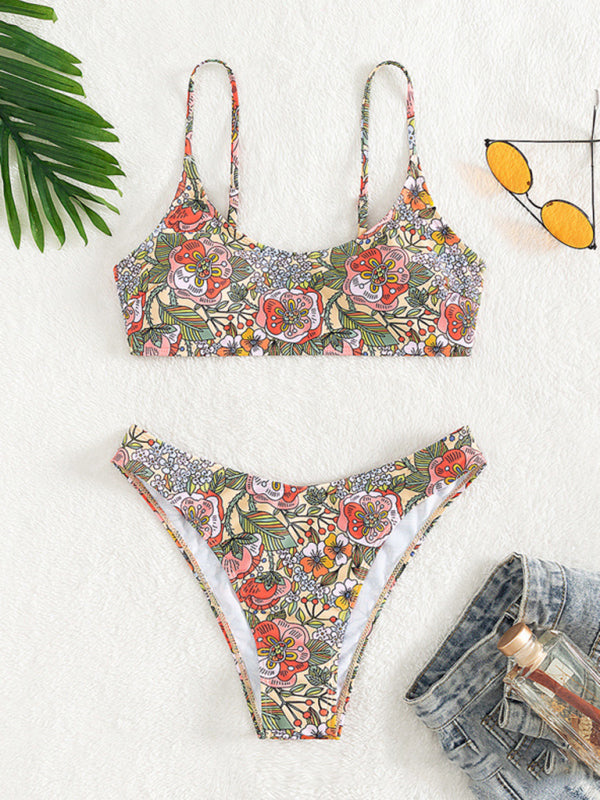 Swimwear- Floral Print 2 Piece Swimwear - Wireless Top & High Waist Bikini- - Pekosa Women Clothing