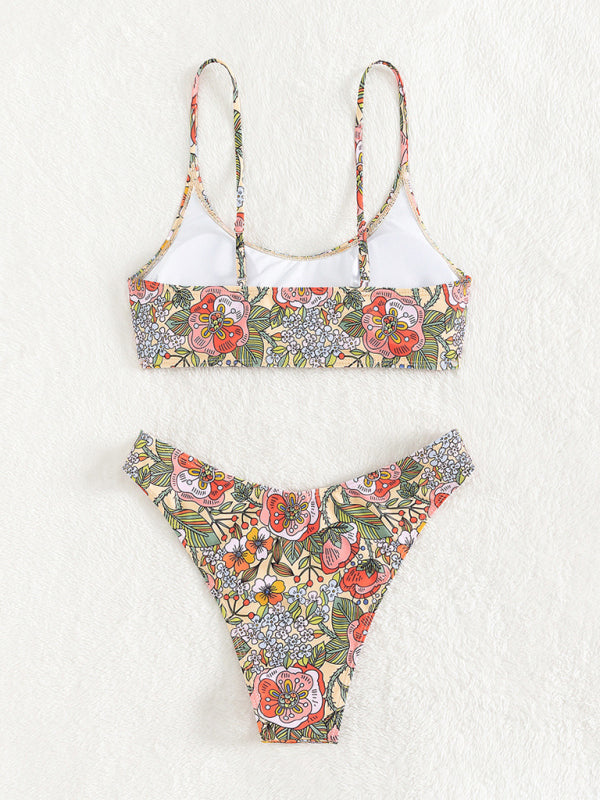 Swimwear- Floral Print 2 Piece Swimwear - Wireless Top & High Waist Bikini- - Pekosa Women Clothing