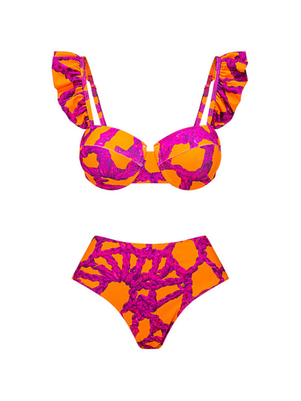 Swimwear- Floral Print Ruffle Swimwear - Underwire Bra & Bikini- - Pekosa Women Fashion