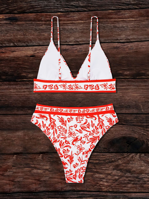 Swimwear- Floral Tummy Control 2 Piece Swimwear - Triangle Bra & High Waist Bikini- - Pekosa Women Clothing