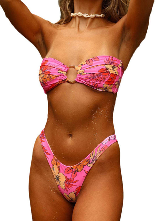 Swimwear- Floral Wireless Tube Bra and Floral Bottoms in a Stylish 2-Piece Bikini- Red- Pekosa Women Clothing