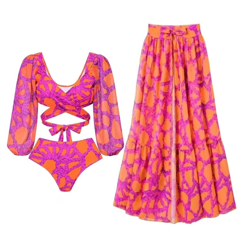 Swimwear- Fuchsia Ruffle 3-Piece Swimwear - Lantern Sleeve Top & Skirt & Bottom- - Pekosa Women Fashion