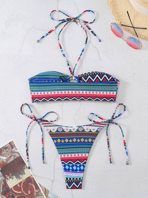 Swimwear- Geo Print 2 Piece Halter Bra & Tie-Side Bikini Swimwear- - Pekosa Women Clothing