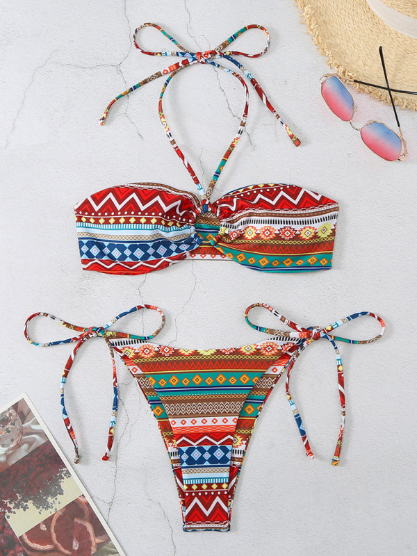 Swimwear- Geo Print 2 Piece Halter Bra & Tie-Side Bikini Swimwear- - Pekosa Women Clothing