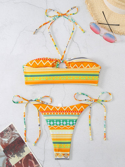 Swimwear- Geo Print 2 Piece Halter Bra & Tie-Side Bikini Swimwear- - Pekosa Women Clothing