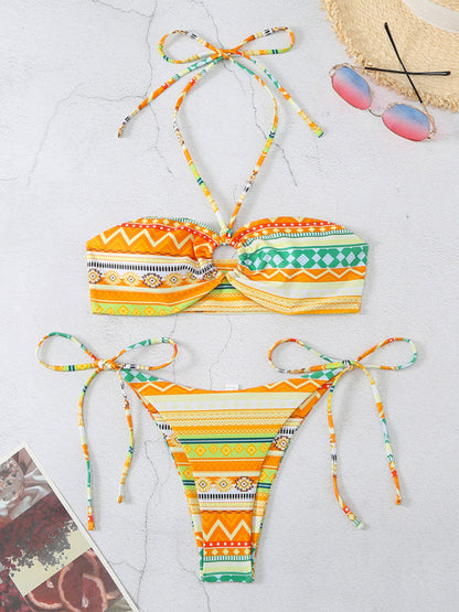 Swimwear- Geo Print 2 Piece Halter Bra & Tie-Side Bikini Swimwear- - Pekosa Women Clothing