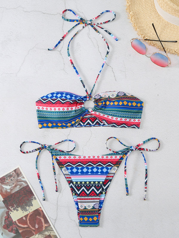 Swimwear- Geo Print 2 Piece Halter Bra & Tie-Side Bikini Swimwear- - Pekosa Women Clothing