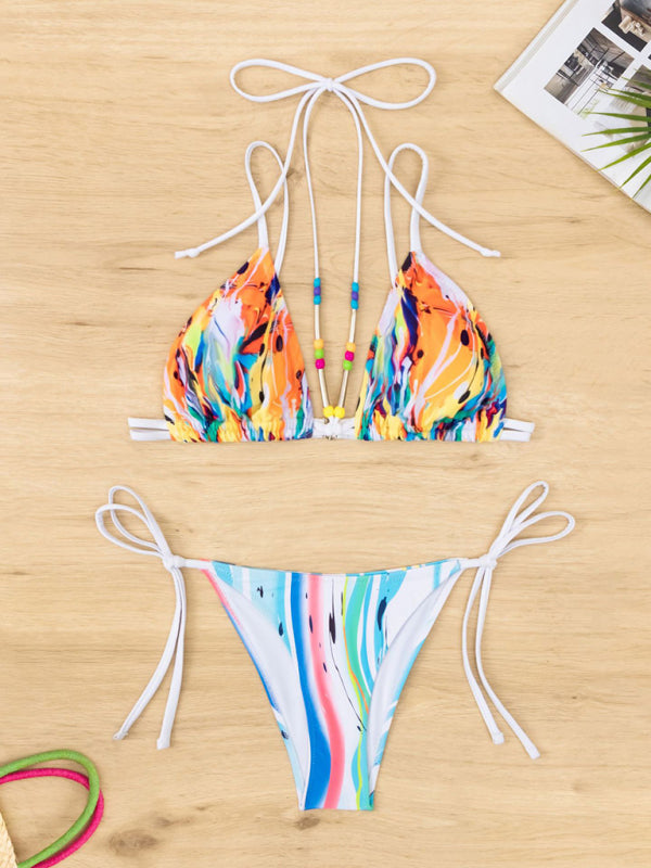 Swimwear- Graffiti Print 2 Piece Beads Swimwear - Wireless Bra & Bikini String- - Chuzko Women Clothing