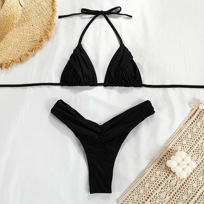 Swimwear- High-Waisted 2-Piece Triangle Bikini Swimwear- Black- Pekosa Women Clothing