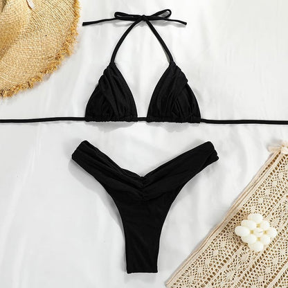 Swimwear- High-Waisted 2-Piece Triangle Bikini Swimwear- Black- Pekosa Women Clothing