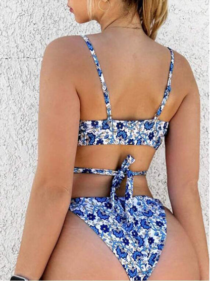 Swimwear- Ocean Blue Print 2 Piece Swimwear with Wireless Criss Cross Triangle Bra & Bikini- - Pekosa Women Clothing