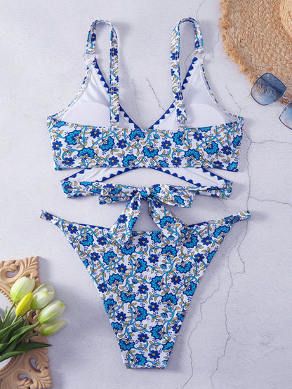 Swimwear- Ocean Blue Print 2 Piece Swimwear with Wireless Criss Cross Triangle Bra & Bikini- - Pekosa Women Clothing