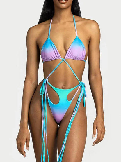 Swimwear- On-Piece Trikini Swimsuit with Wireless Triangle Bra- Blue- Pekosa Women Clothing