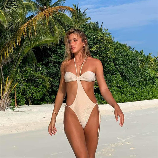 Swimwear- One Piece Monokini Tie-Side Halter Trikini Swimwear- White- Pekosa Women Clothing