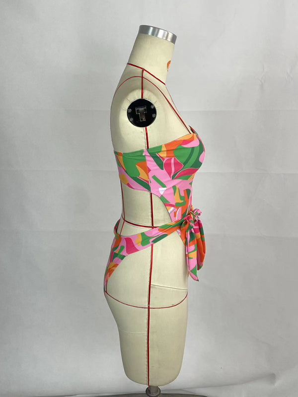 Swimwear- One-Piece Tube Belted Backless Swimwear in Tropical Print- - Pekosa Women Clothing