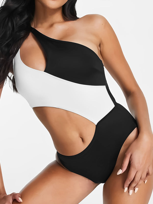 Swimwear- One Shoulder Colorblock Swimsuit | Cutout One-Piece Swimwear- - Pekosa Women Clothing